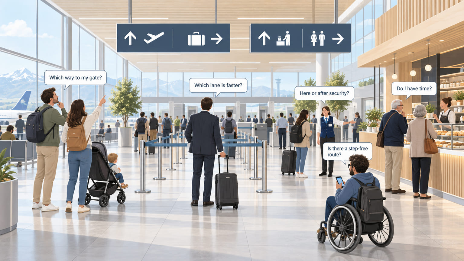An illustrated airport departures level where travelers and staff are each at an ordinary moment of choice, with speech-bubble markers naming the question each of them is weighing.