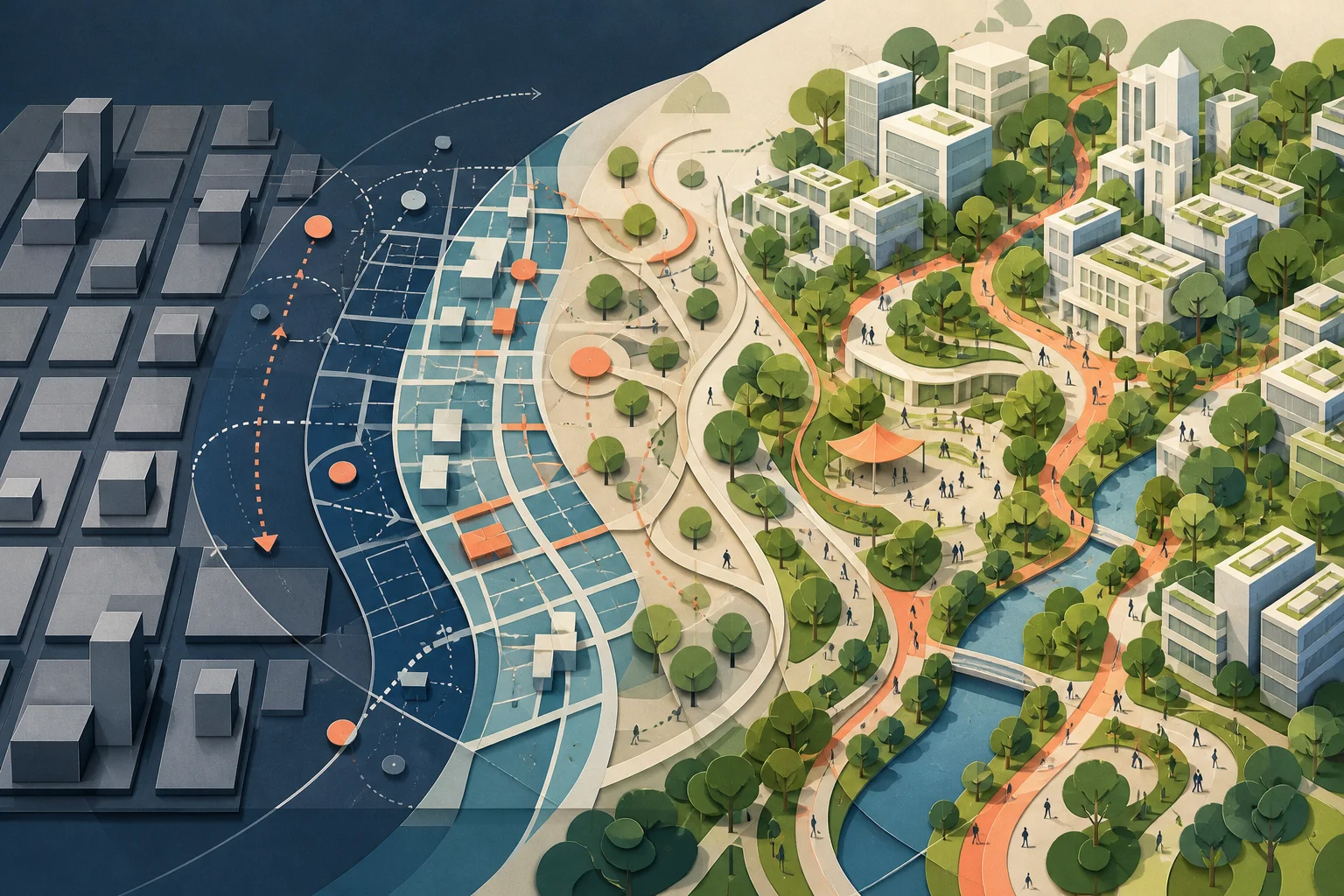 A rigid city grid transforms into a green, walkable landscape through human-centered design.