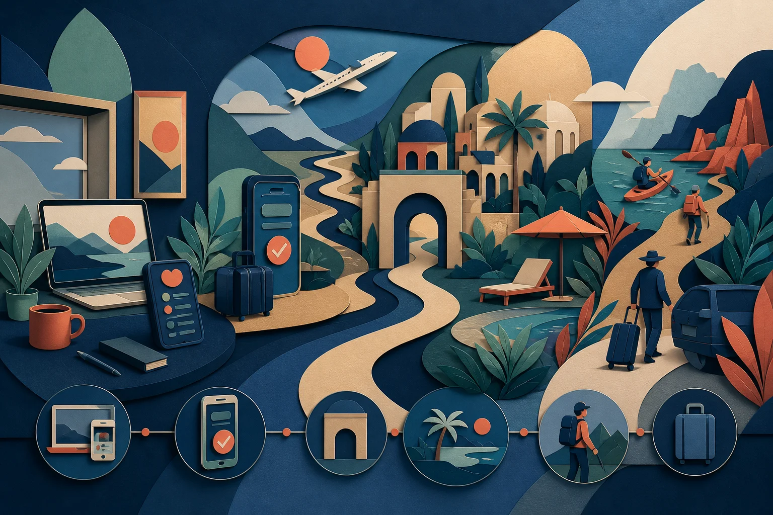 Planning, booking, arrival, stay, activities, and departure connect through consistent behavioral cues.