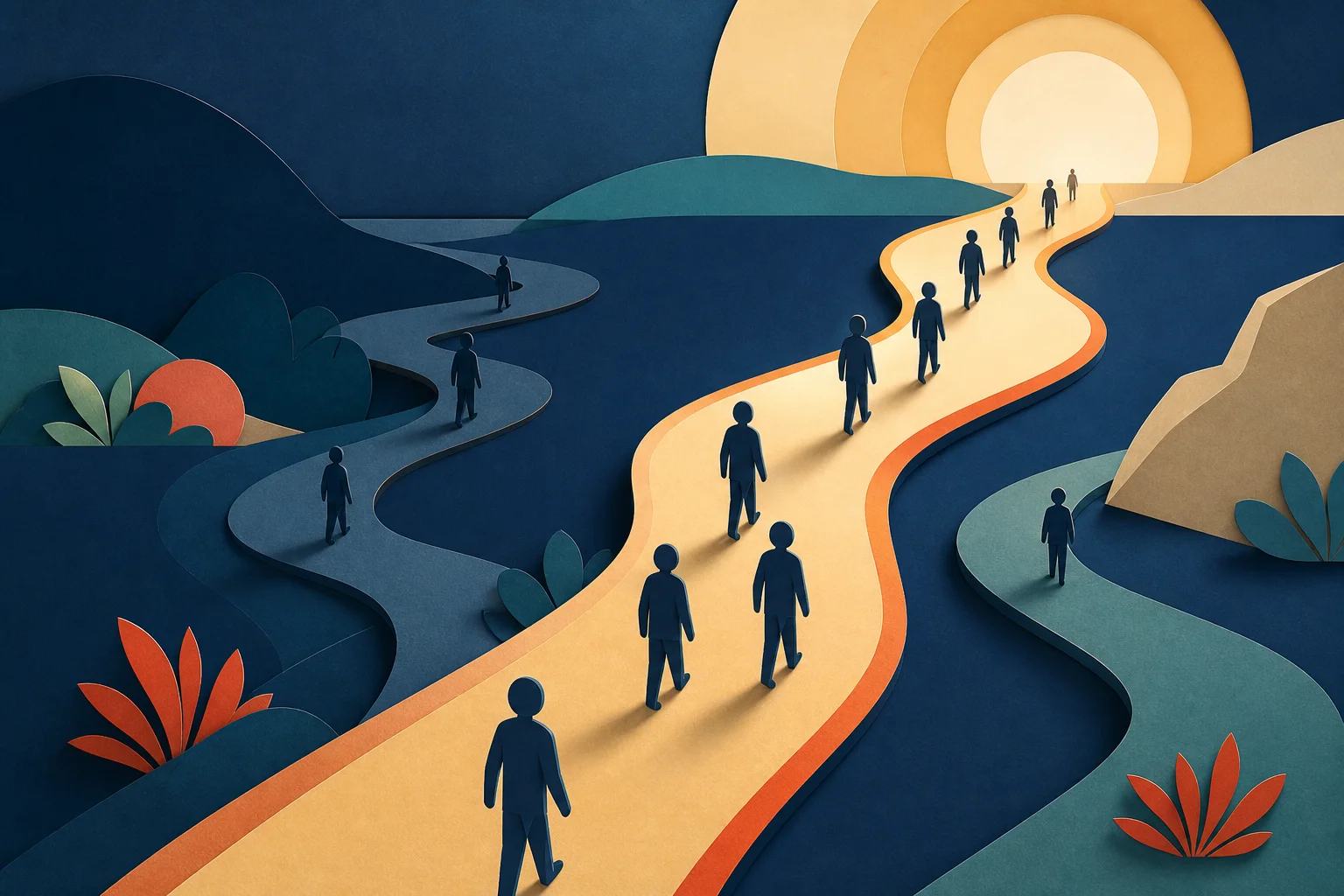 Most travelers follow one illuminated default path while quieter alternatives remain available.